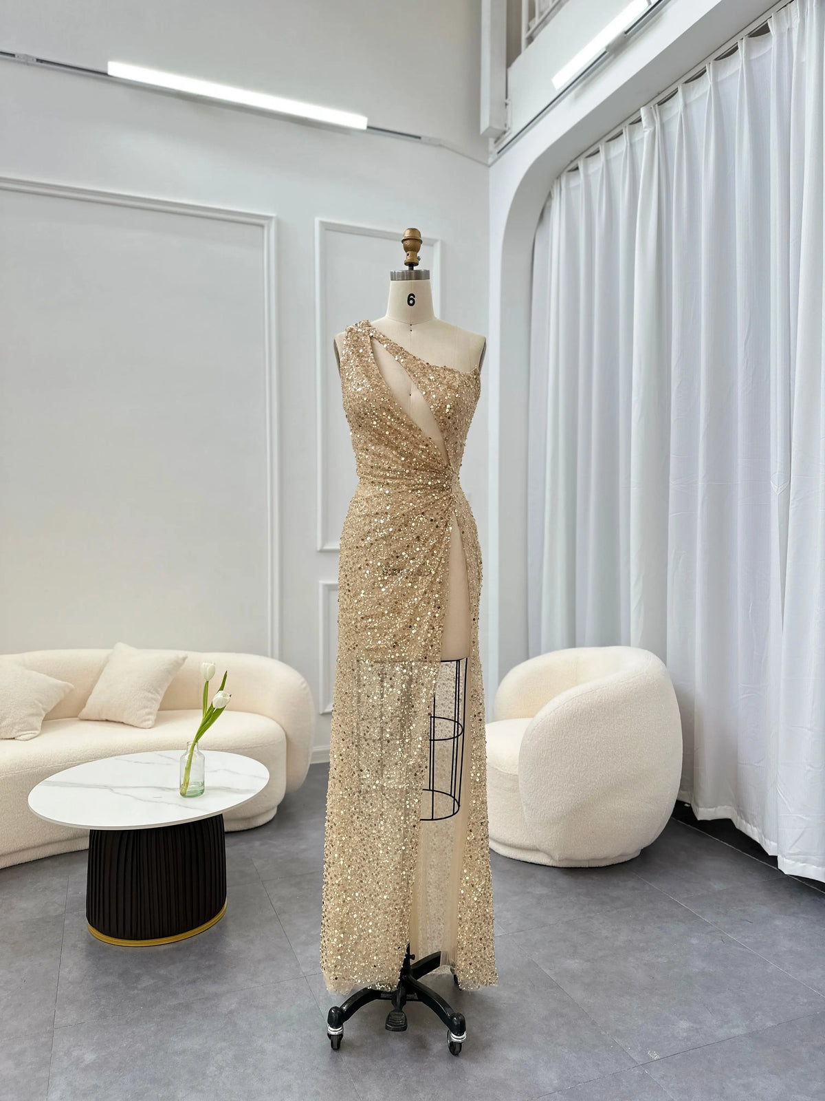 Luxury One-Shoulder Champagne High Slit Cocktail Dress RM087 