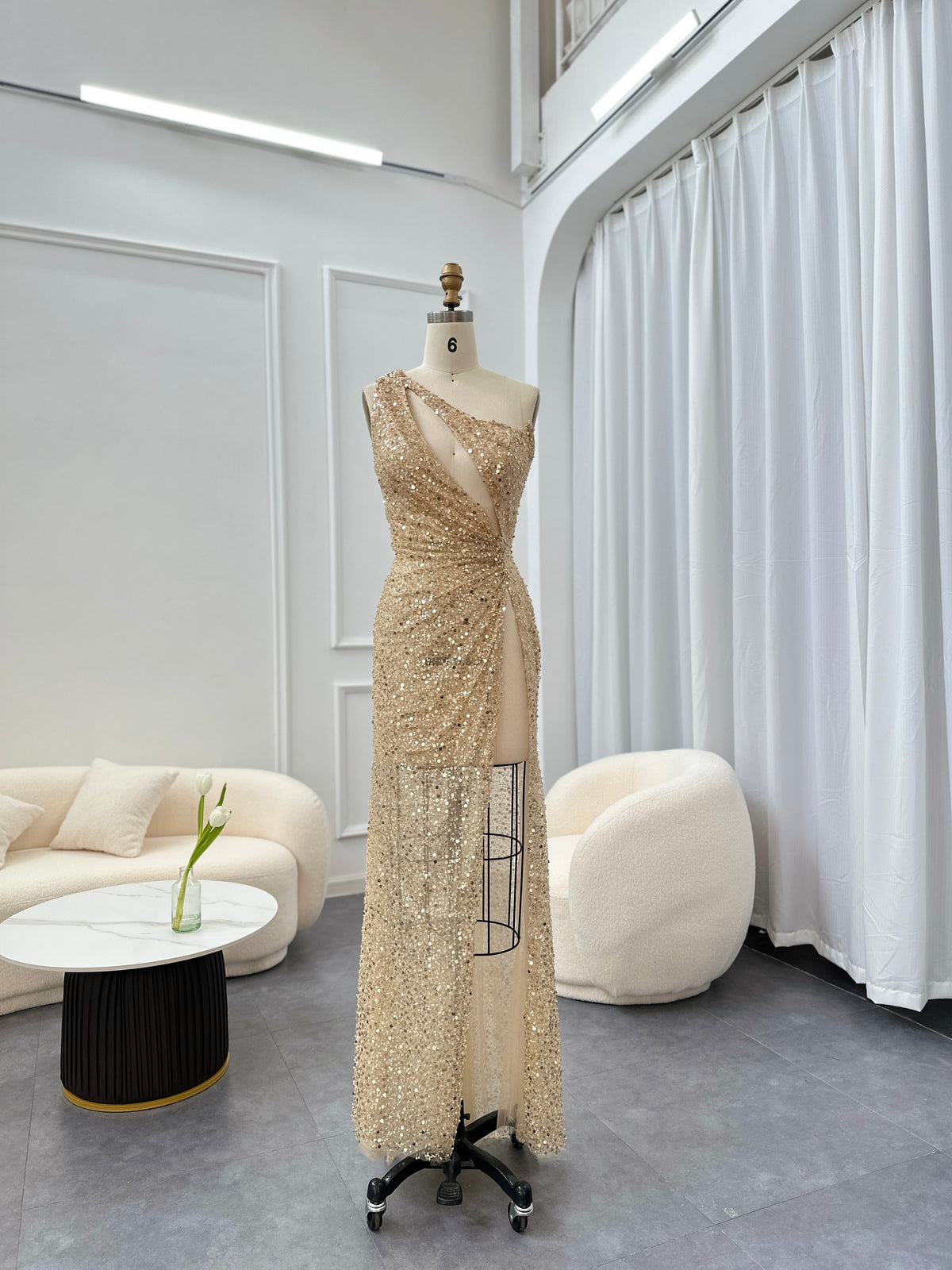 Luxury One-Shoulder Champagne High Slit Cocktail Dress RM087