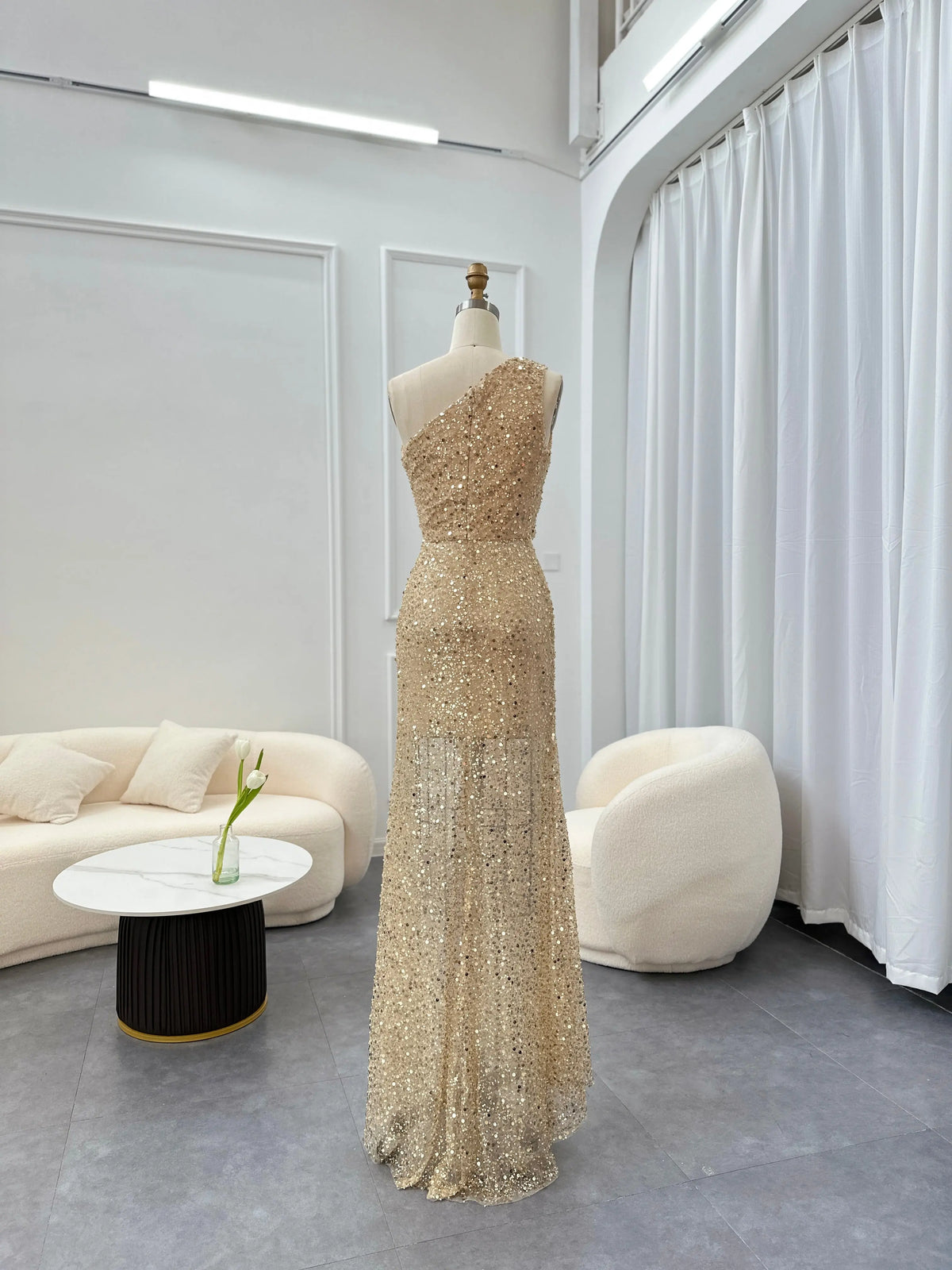 one shoulder champagne dress Luxury One-Shoulder Champagne High Slit Cocktail Dress RM087