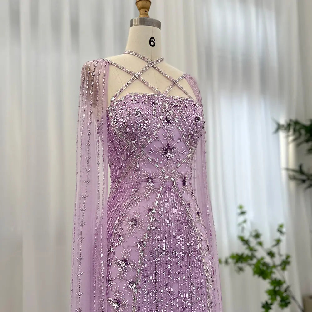 Luxury Aqua Crisscross Evening Dress with Cape Sleeves SS391 