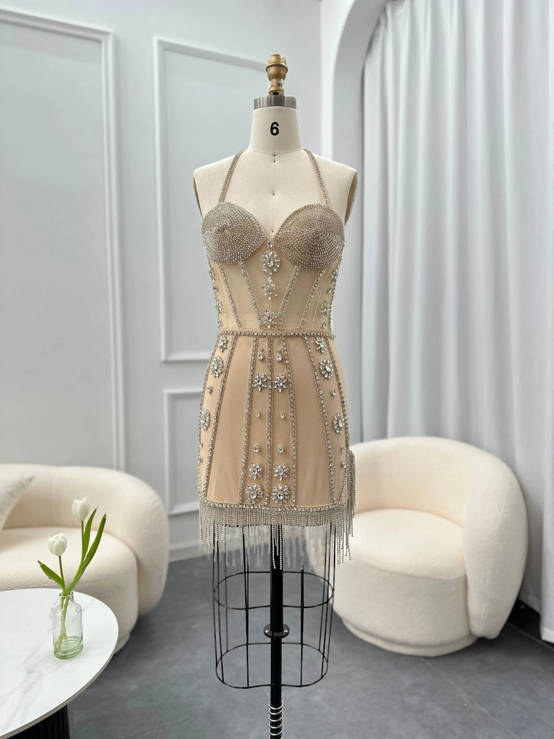 Luxury Crystal Tassels Halter Short Cocktail Dress RM114 