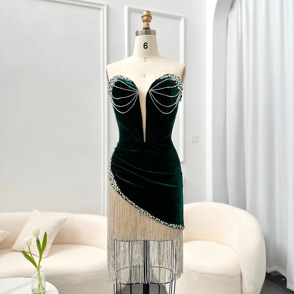 Green Crystal Tassel Velvet Short Cocktail Party Dress RM049 Green Crystal Tassel Velvet Short Cocktail Party Dress RM049
