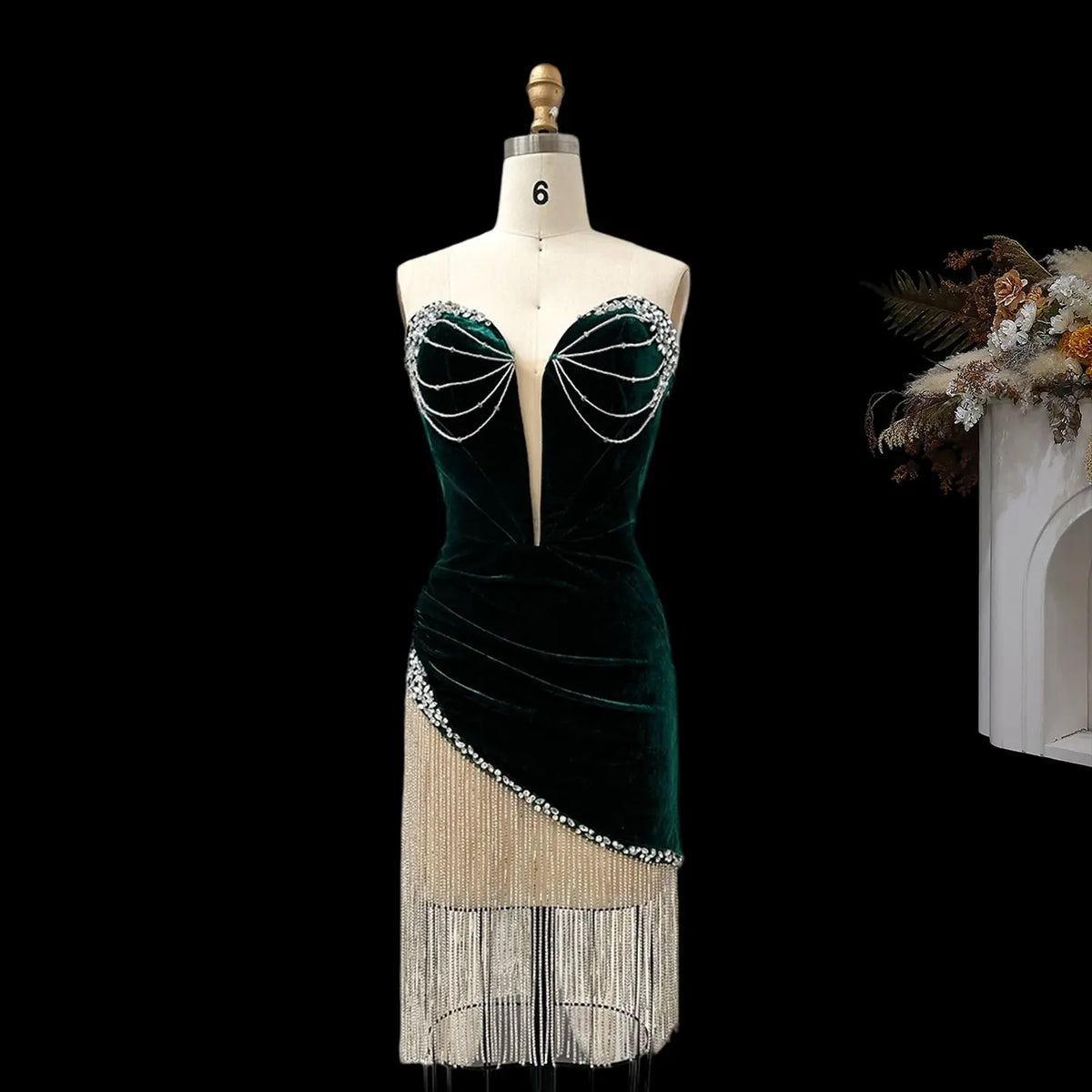Green Crystal Tassel Velvet Cocktail Dress RM049