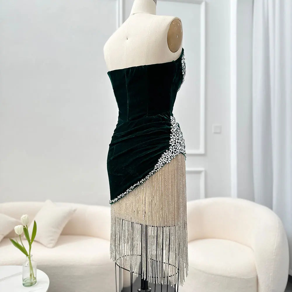 Green Crystal Tassel Velvet Short Cocktail Party Dress RM049 Green Crystal Tassel Velvet Short Cocktail Party Dress RM049