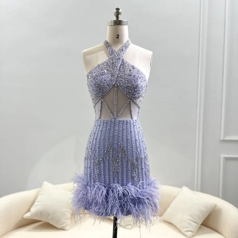Luxury Feathers Nude Halter Short Cocktail Party Dress SS312  Lilac / US 14