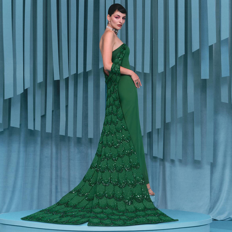 Elegant Emerald Green Beaded Mermaid Evening Dress with Overskirt SS645 