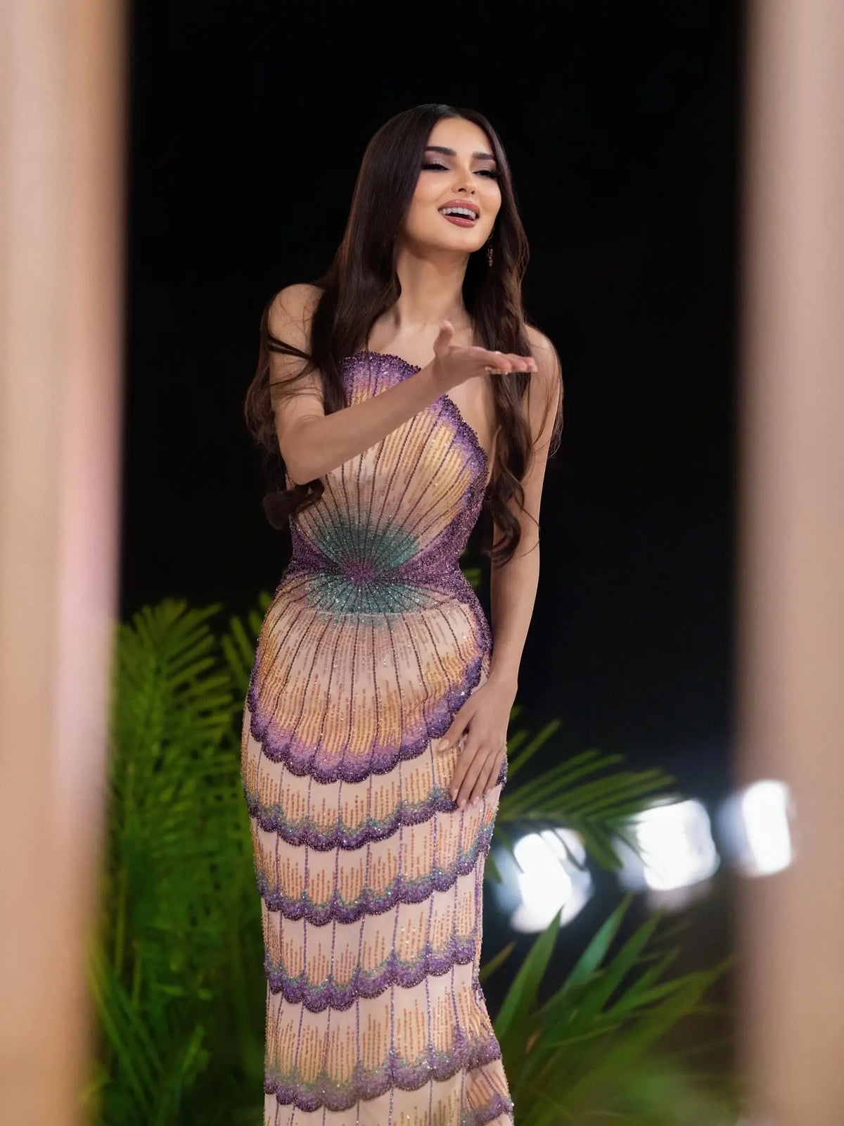 Luxury Mixed Purple Beaded Train Evening Dress with Overskirt SS656 