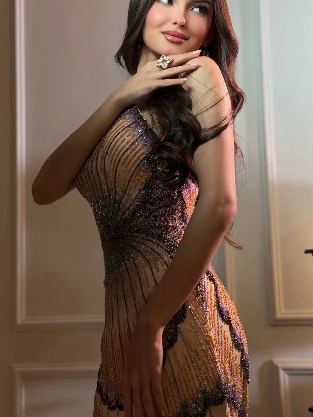 Luxury Mixed Purple Beaded Train Evening Dress with Overskirt SS656