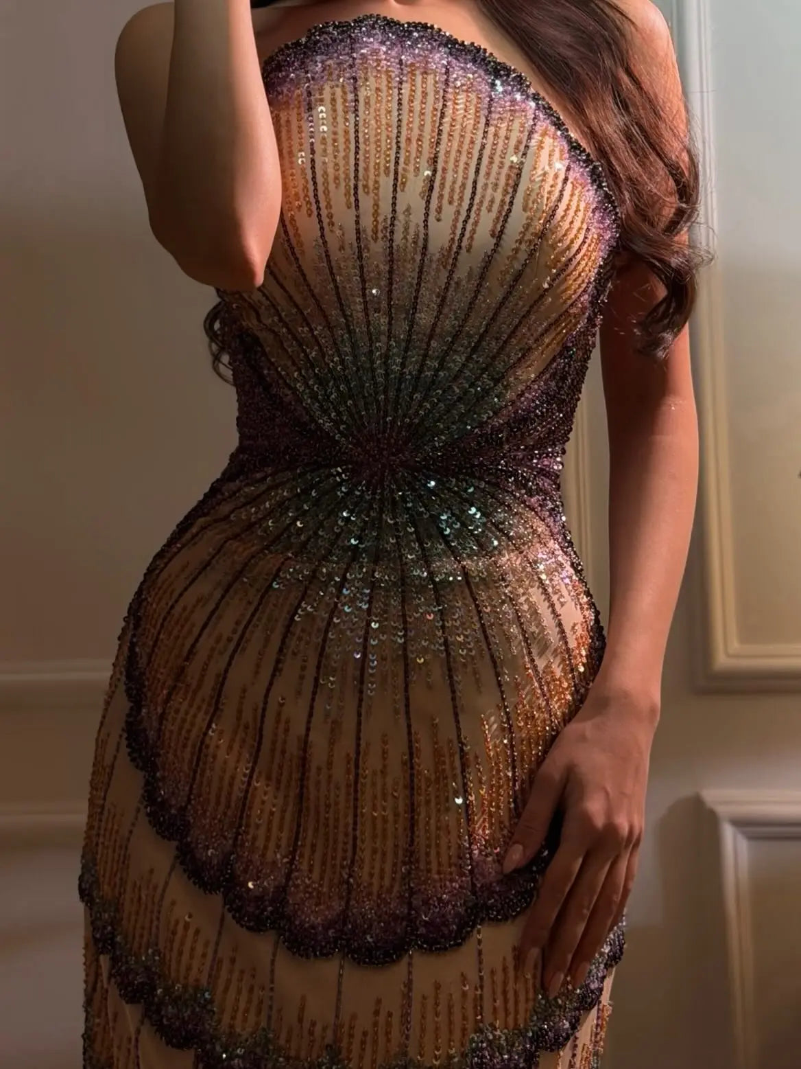 Luxury Mixed Purple Beaded Train Evening Dress with Overskirt SS656 