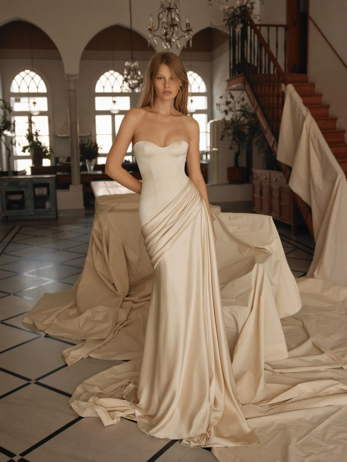 strapless draped mermaid wedding dress Elegant Strapless Sweetheart Draped Satin Mermaid Wedding Dress SW740 SHARONSAID