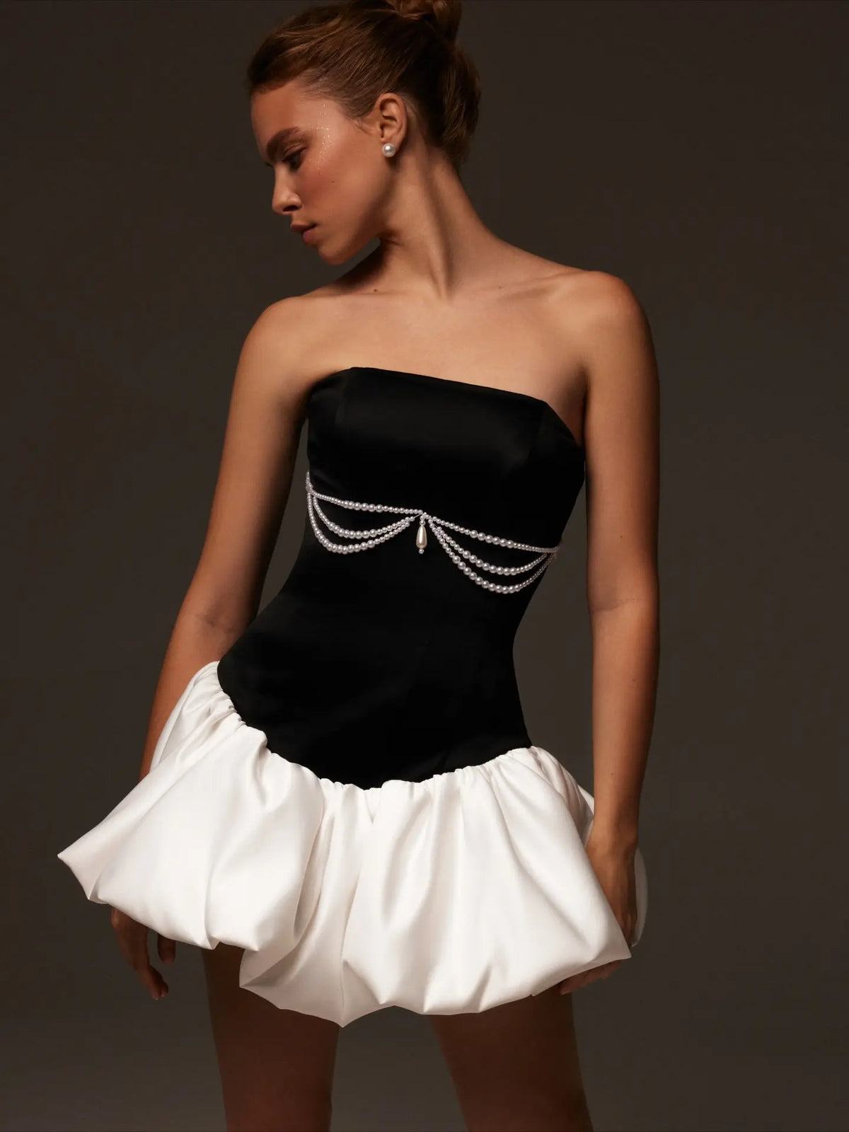 Black White Pearl Corset Bubble Prom Dress RM221