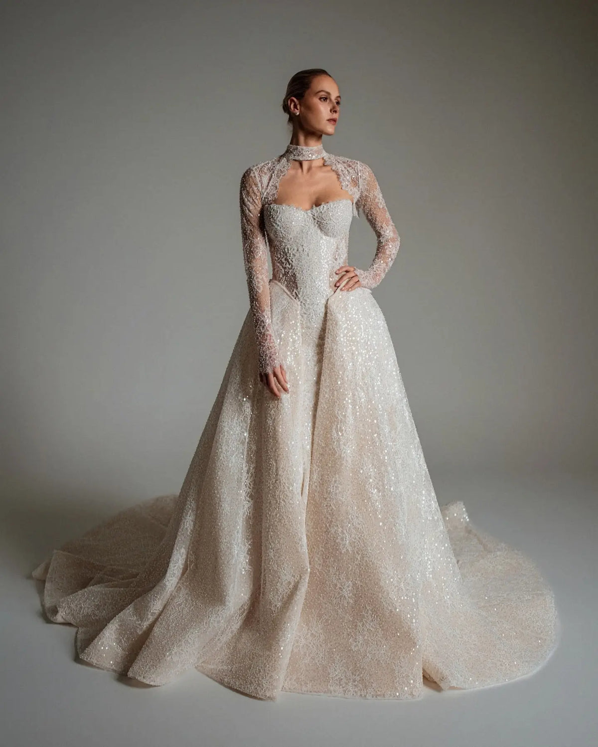 Luxury Ivory Beaded Long Sleeve Train Wedding Dress with Overskirt SW168