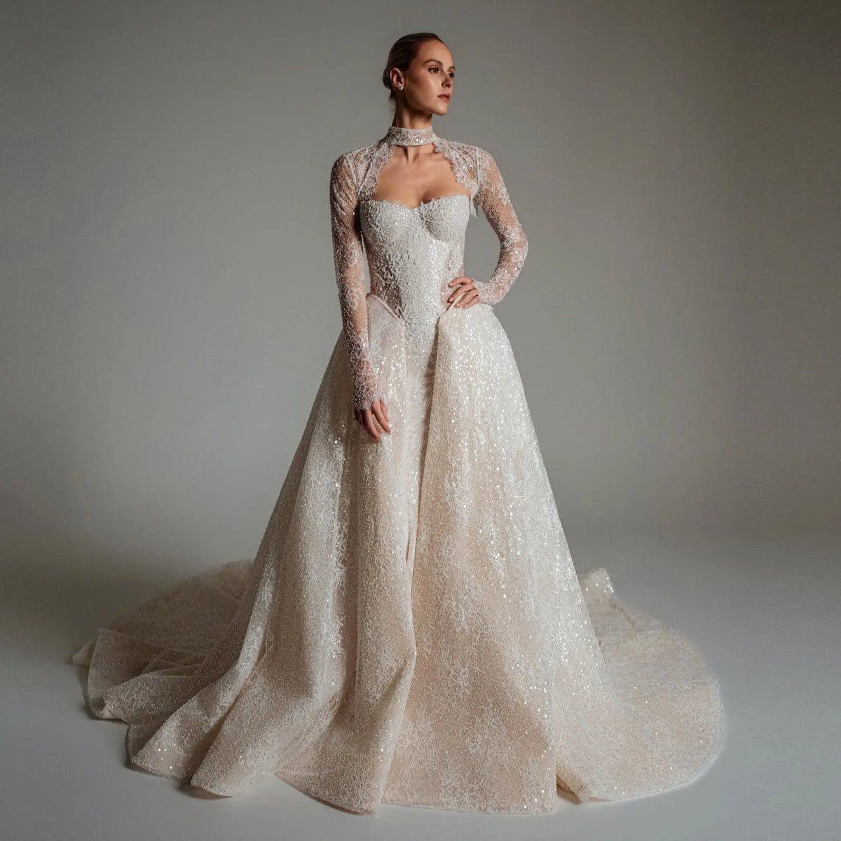 Luxury Ivory Beaded Long Sleeve Train Wedding Dress with Overskirt SW168