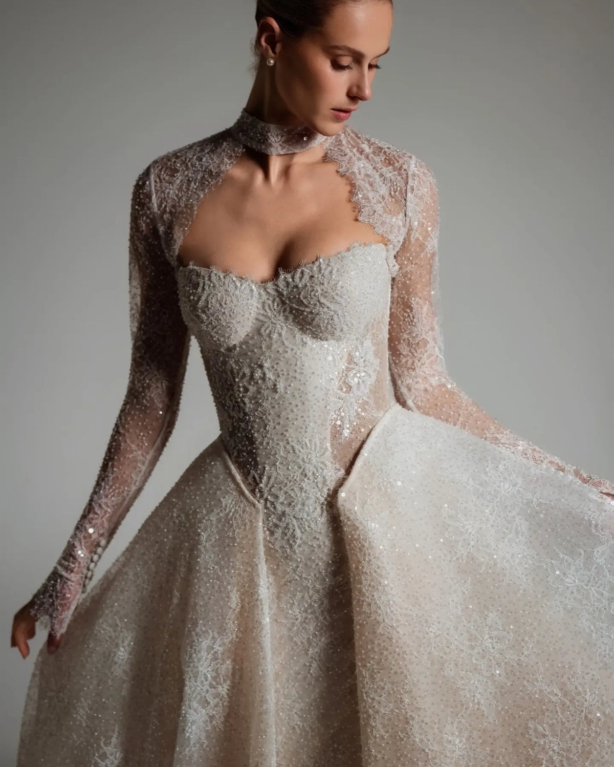 Luxury Beaded Long Sleeve Train Wedding Dress with Overskirt SW168 
