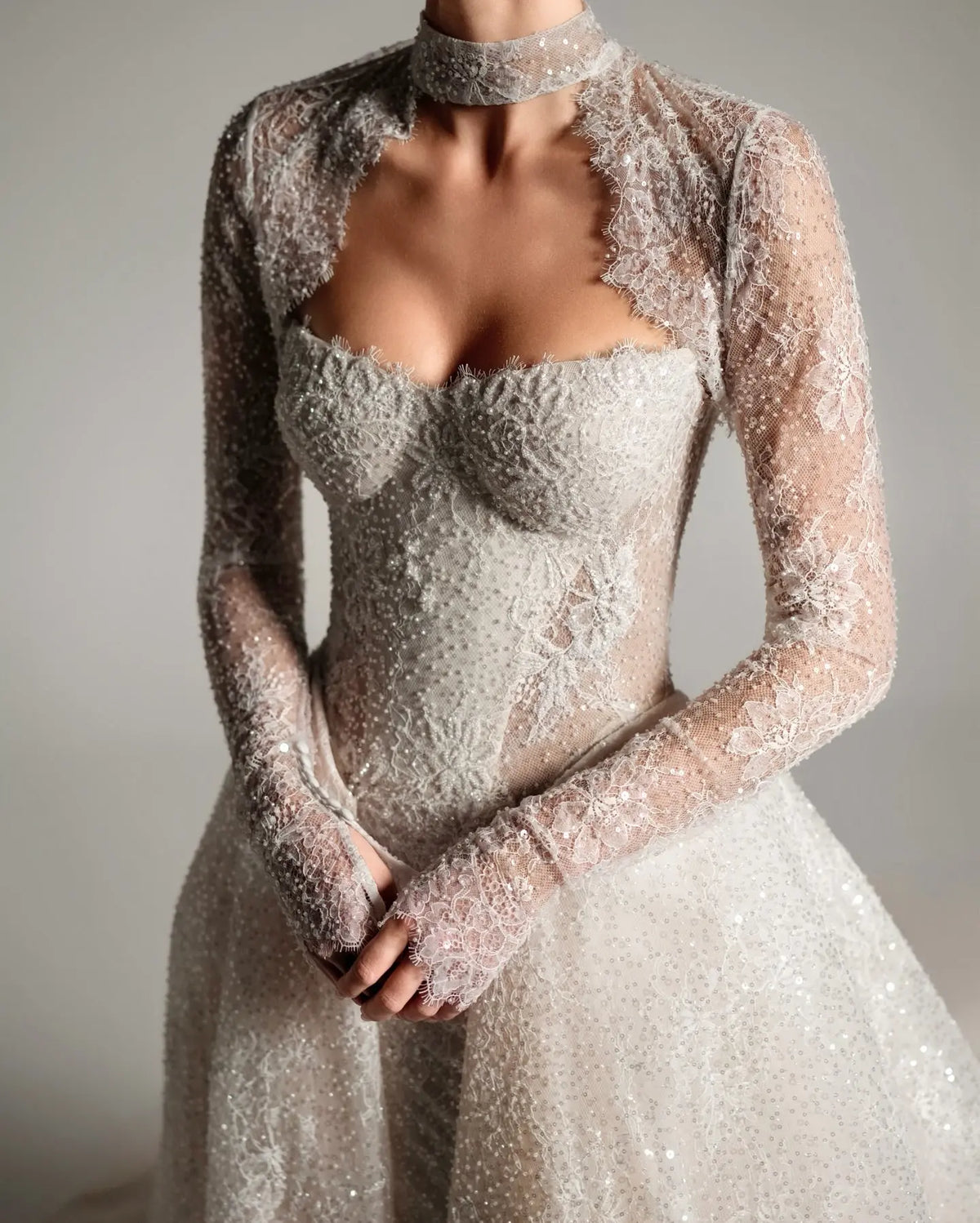 Luxury Beaded Long Sleeve Train Wedding Dress with Overskirt SW168 