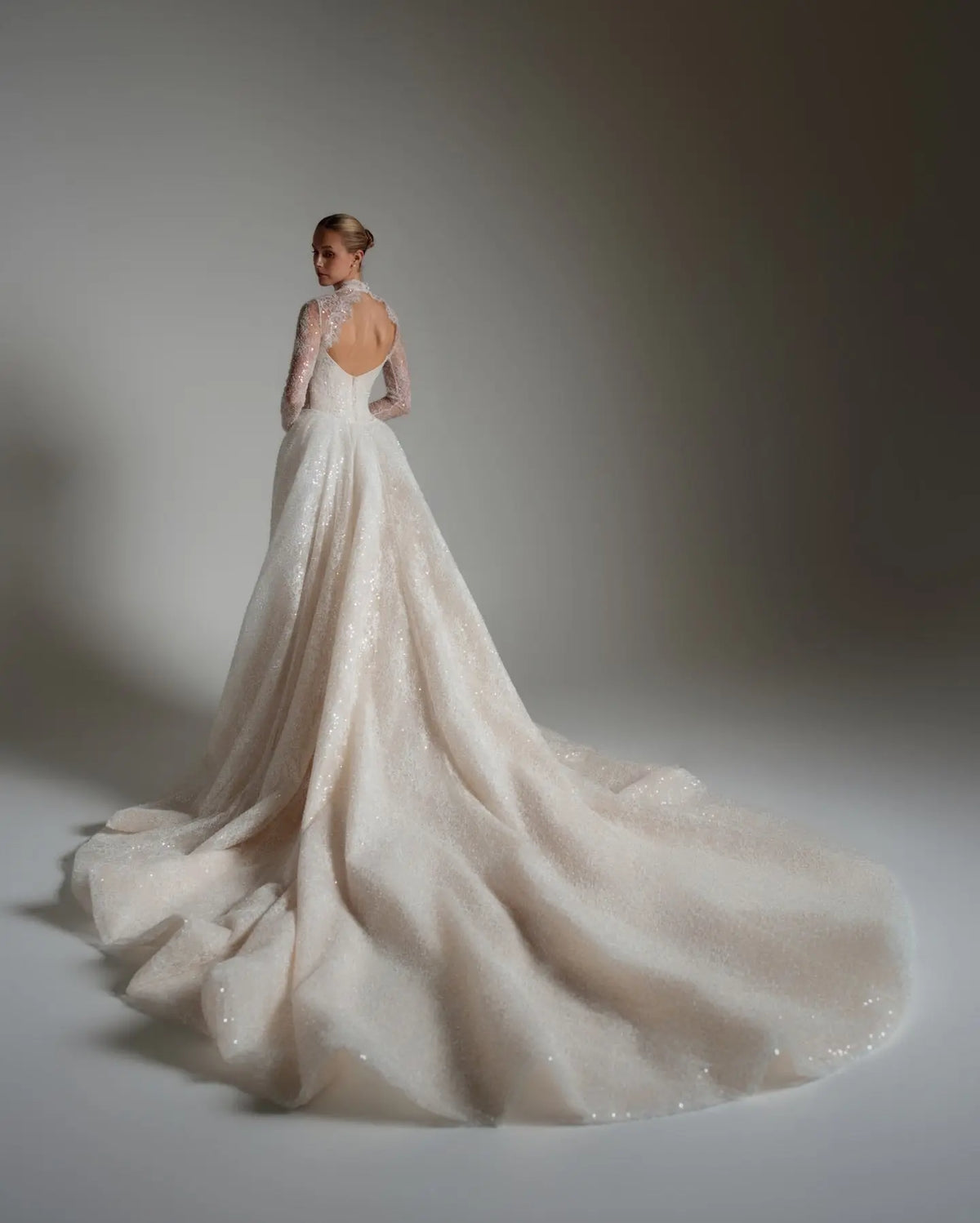 Luxury Beaded Long Sleeve Train Wedding Dress with Overskirt SW168 