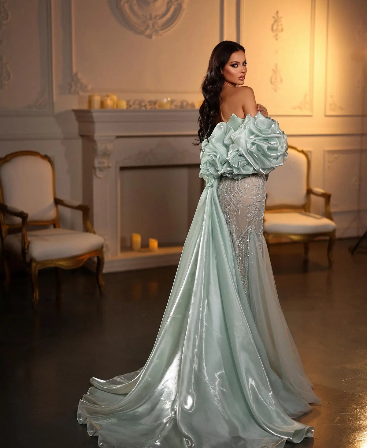 Luxury Aqua Strapless Puff Sleeve Beaded Mermaid Evening Dress SS501 SHARONSAID Luxury Aqua Strapless Puff Sleeve Beaded Mermaid Evening Dress SS501 SHARONSAID
