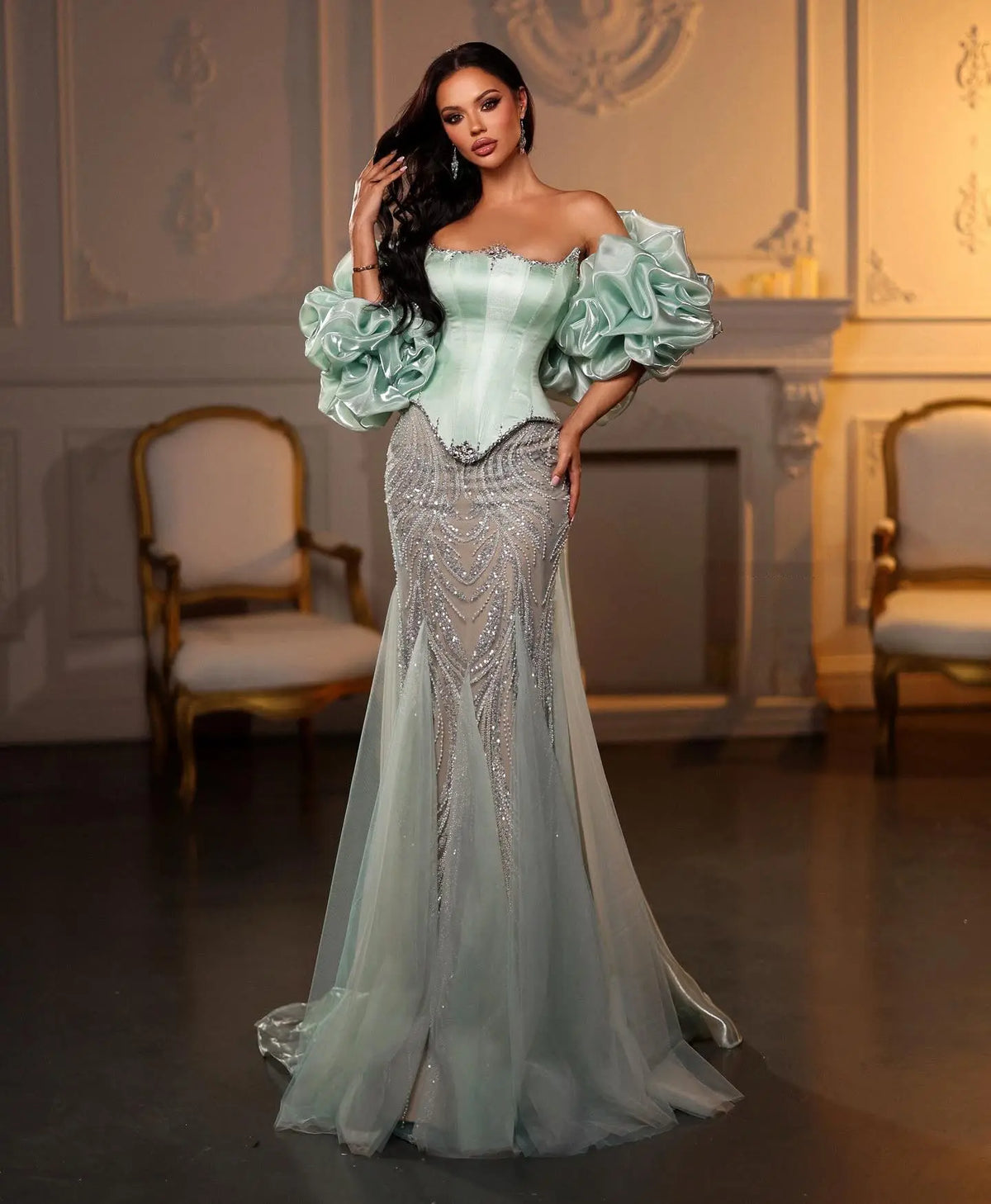 Luxury Aqua Strapless Puff Sleeve Beaded Mermaid Evening Dress SS501 Luxury Aqua Strapless Puff Sleeve Beaded Mermaid Evening Dress SS501