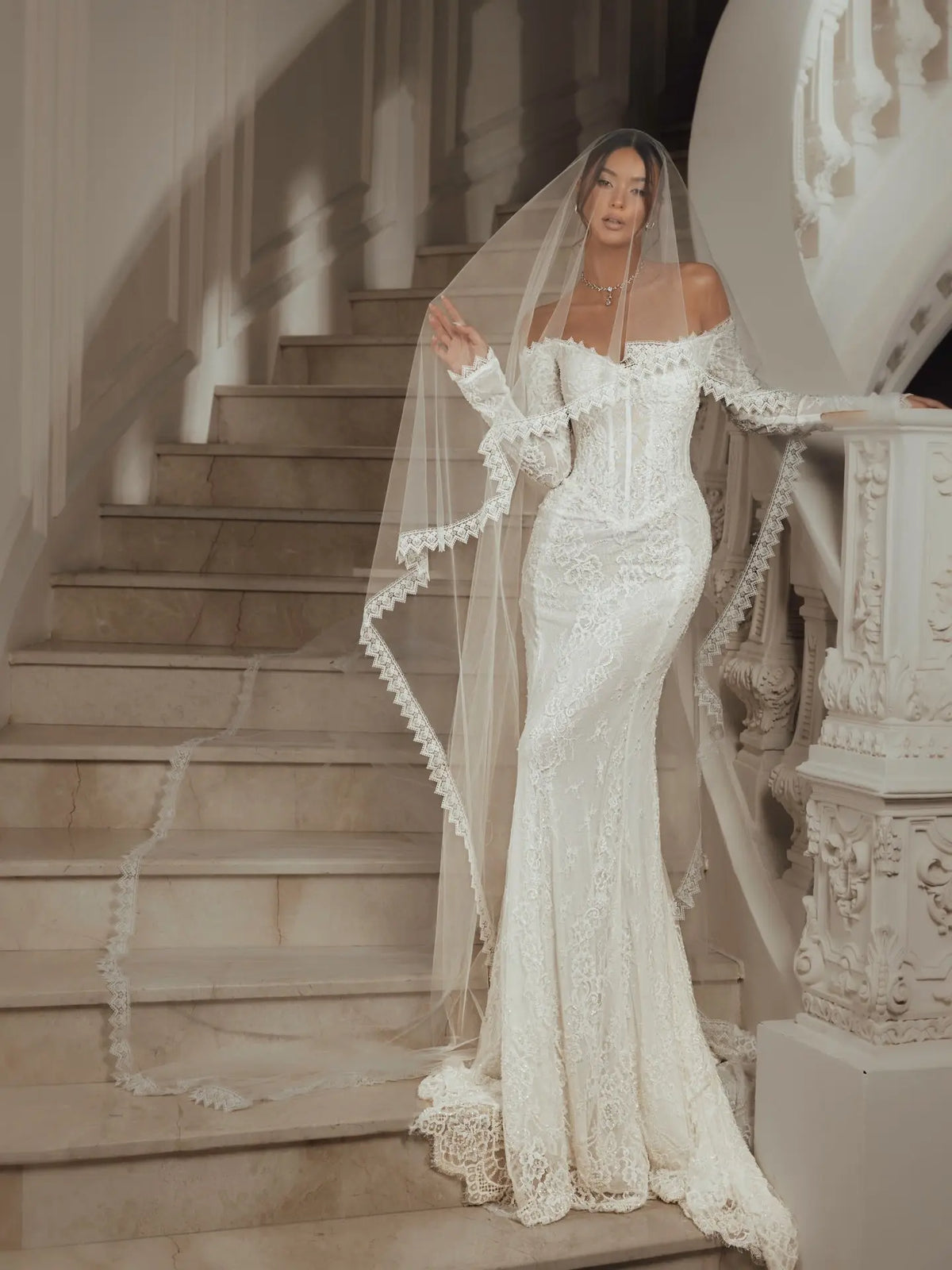 White Off the Shoulder Long Sleeve Lace Mermaid Wedding Dress SW135 – SHARONSAID