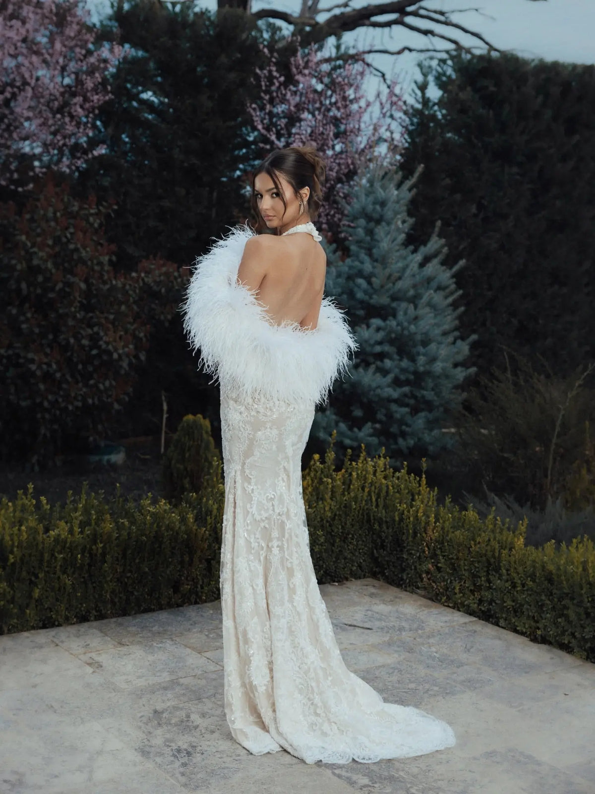 White Halter Backless Lace Mermaid Wedding Dress with Feather Shawl SW – SHARONSAID