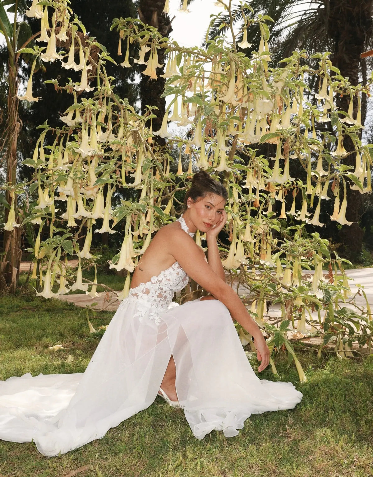 Romantic Halter Neck 3D Floral Lace Sheer Slit Wedding Dress SW739