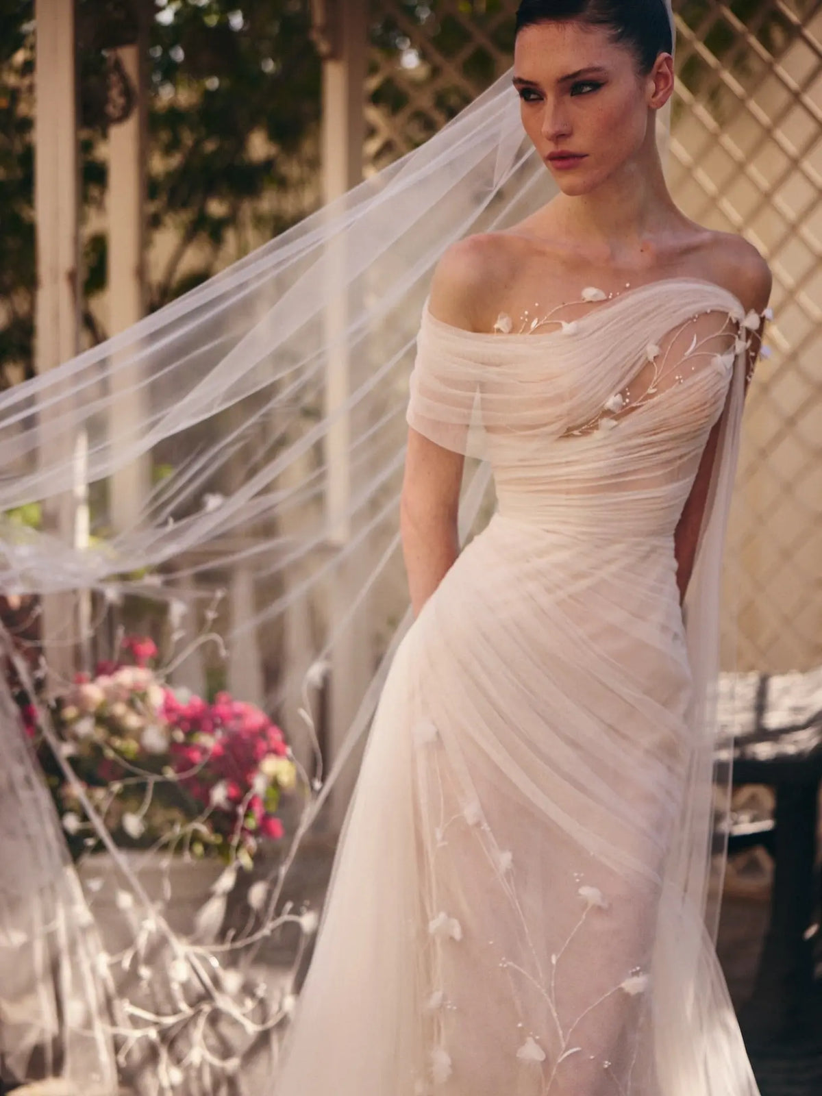 Elegant Off-the-Shoulder Ruched 3D Floral Wedding Dress with Veil SW233