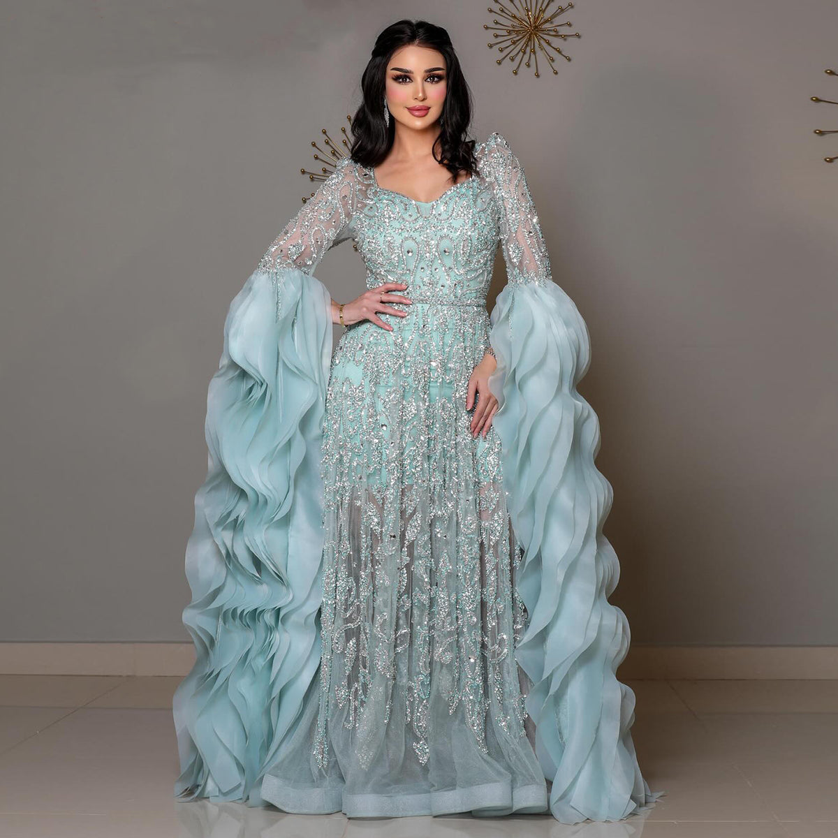 Luxury Aqua Ruffled Cape Crystal Sequin Evening Dress SS410 