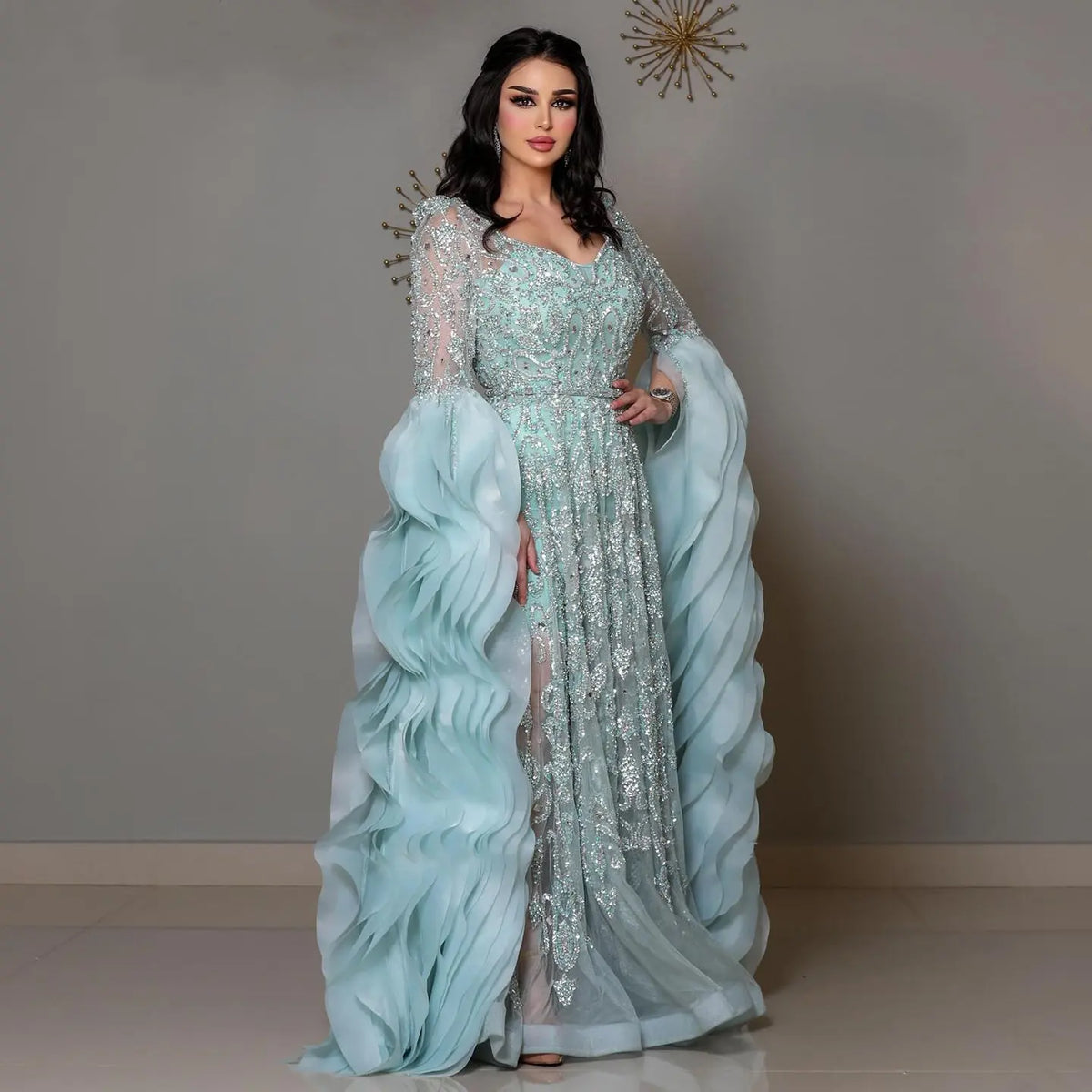 Luxury Aqua Ruffled Cape Crystal Sequin Evening Dress SS410 - SHARONSAID Luxury Aqua Ruffled Cape Crystal Sequin Evening Dress SS410 - SHARONSAID