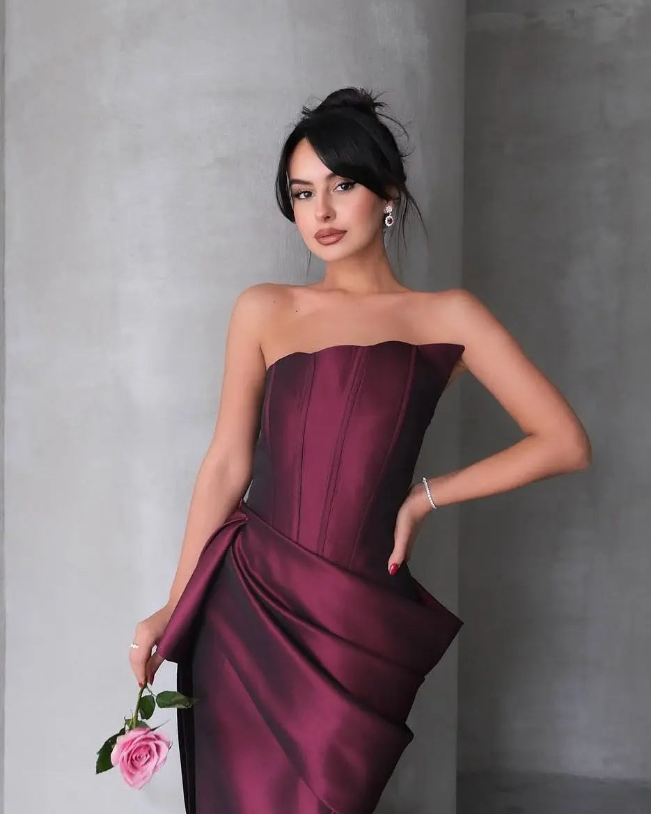 Elegant Burgundy Strapless Draped Train Evening Dress SF494 