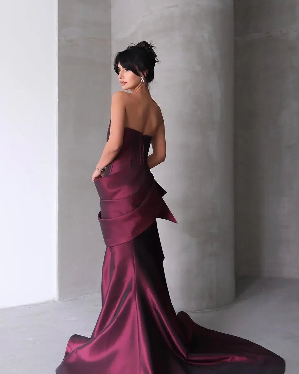 Elegant Burgundy Strapless Draped Train Evening Dress SF494 
