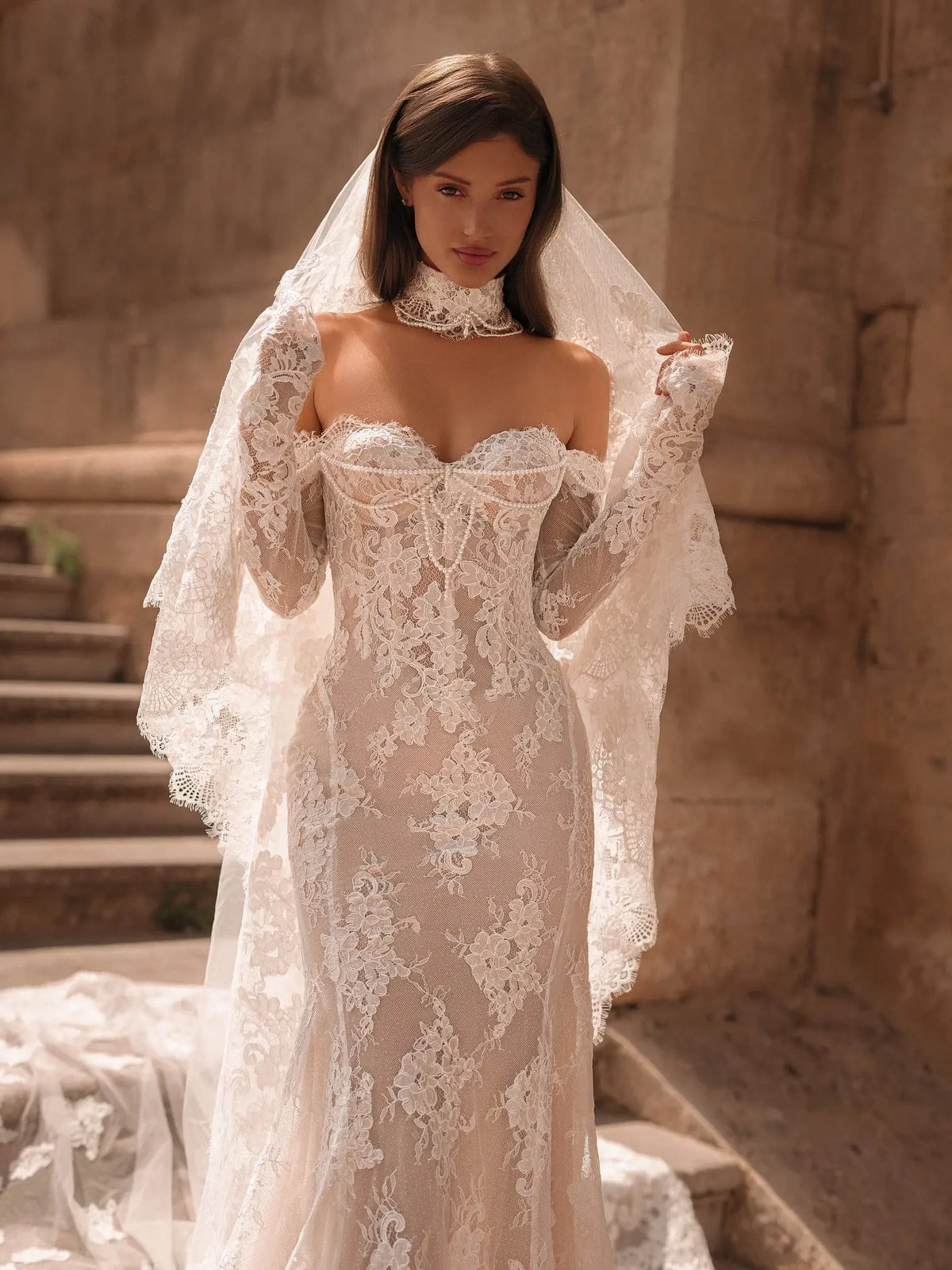 Elegant Sweetheart Neckline Sheer Lace Mermaid Wedding Dress with Veil SW171 