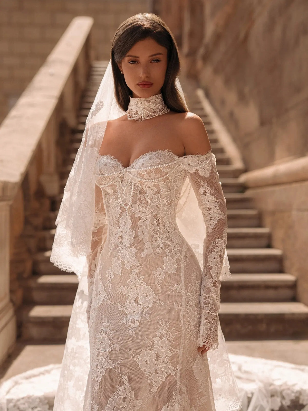 Elegant Sweetheart Neckline Sheer Lace Mermaid Wedding Dress with Veil SW171 