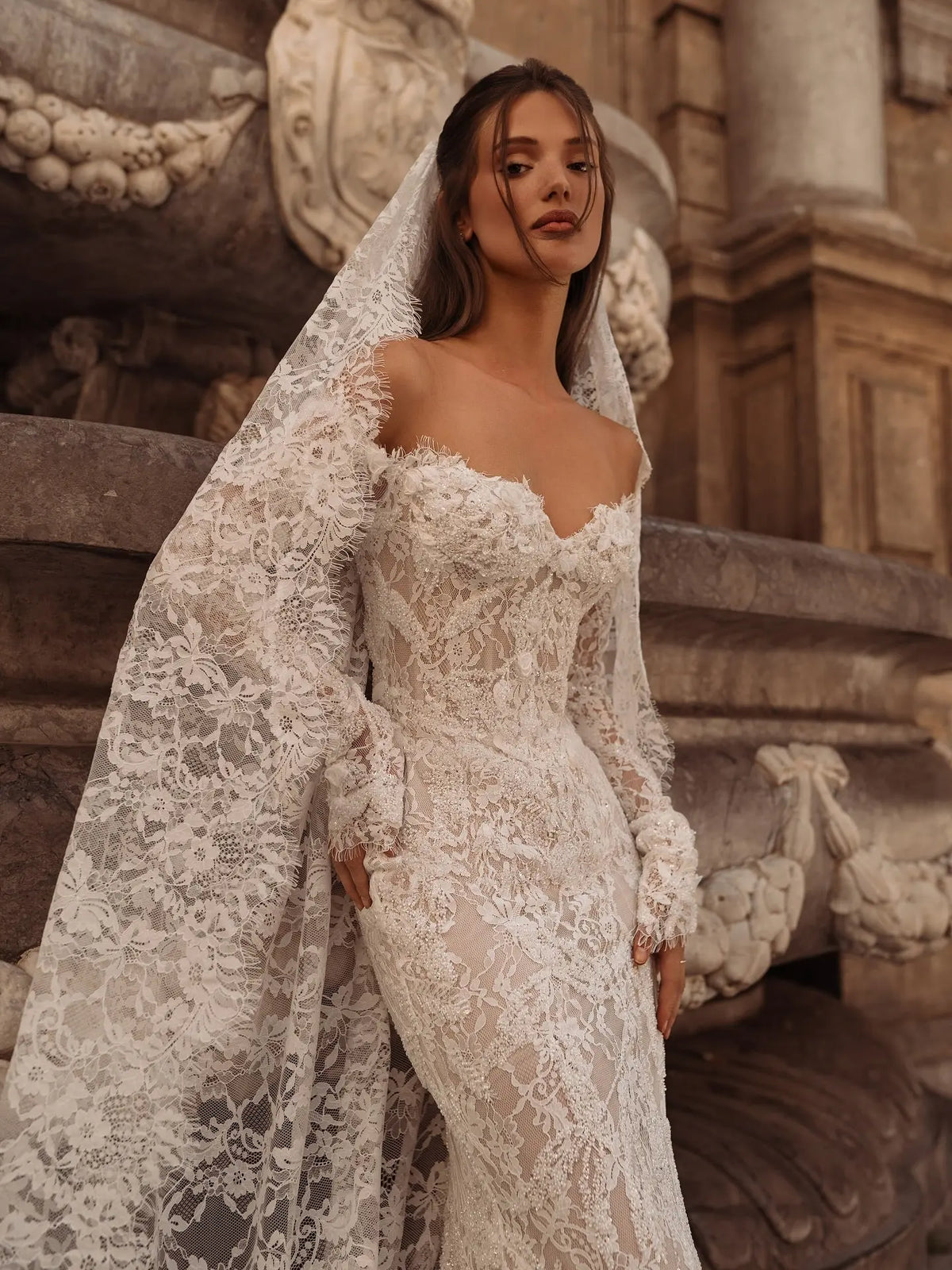 Bohemian Off-the-Shoulder Sheer Lace Mermaid Wedding Dress with Veil SW176 