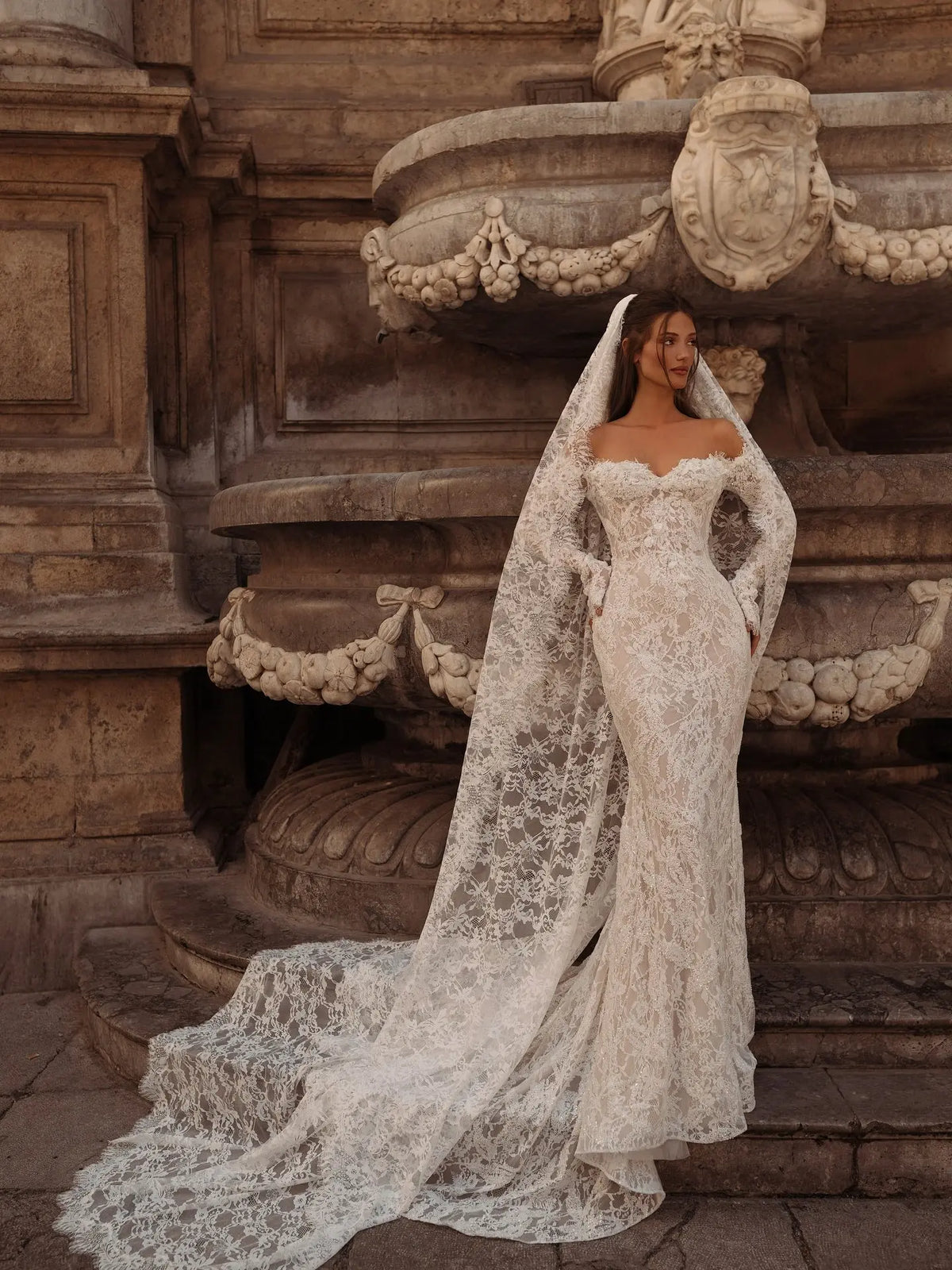 Bohemian Off-the-Shoulder Sheer Lace Mermaid Wedding Dress with Veil SW176 