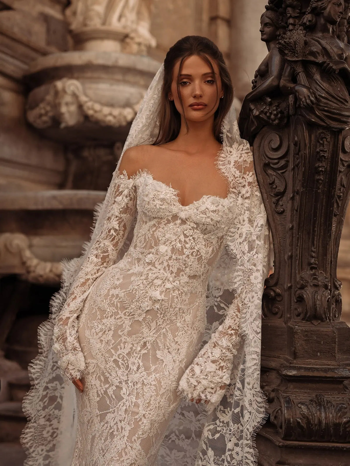 Bohemian Off-the-Shoulder Sheer Lace Mermaid Wedding Dress with Veil SW176 
