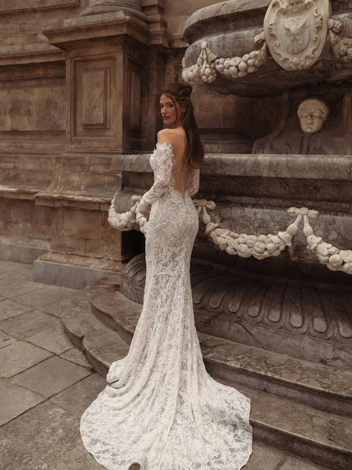 Bohemian Off-the-Shoulder Sheer Lace Mermaid Wedding Dress with Veil SW176 