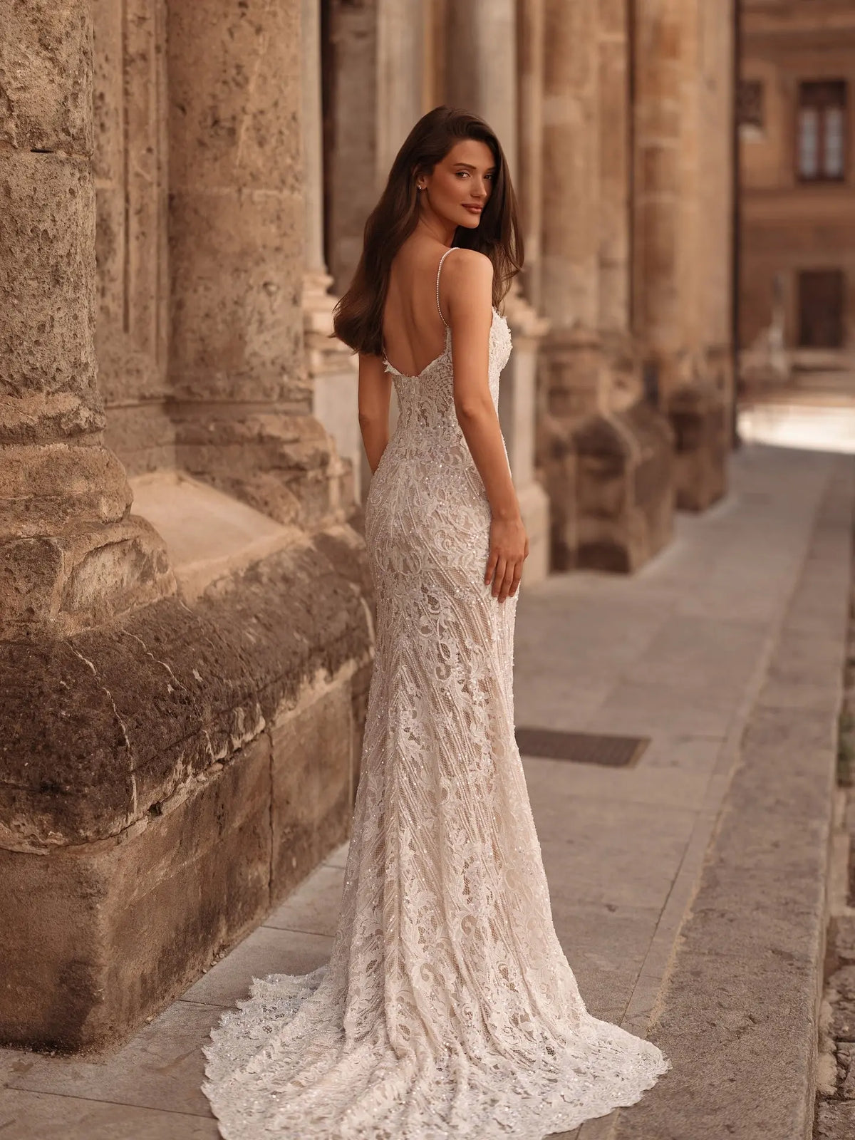 Sophisticated High Cold Shoulder Beaded Lace Fitted Wedding Dress SW175 