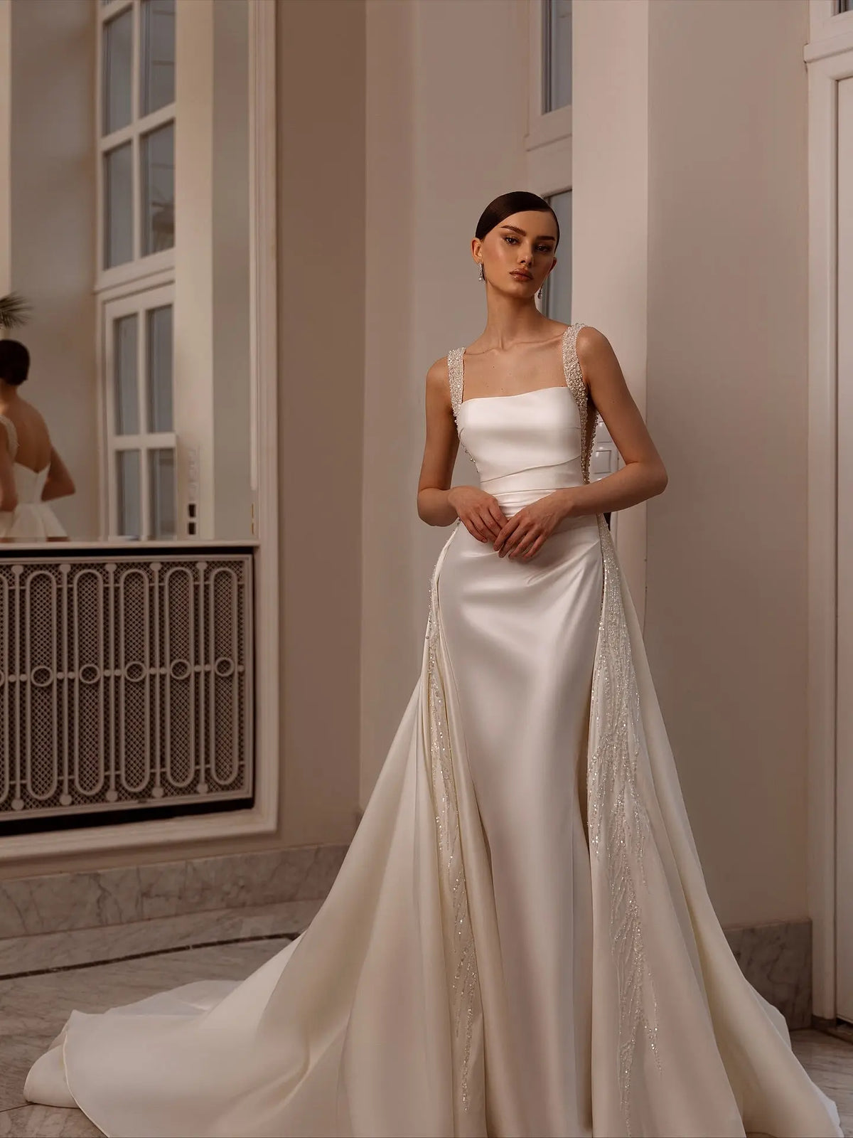 Luxury Satin Beaded Overlay Mermaid Train Wedding Dress SW174 