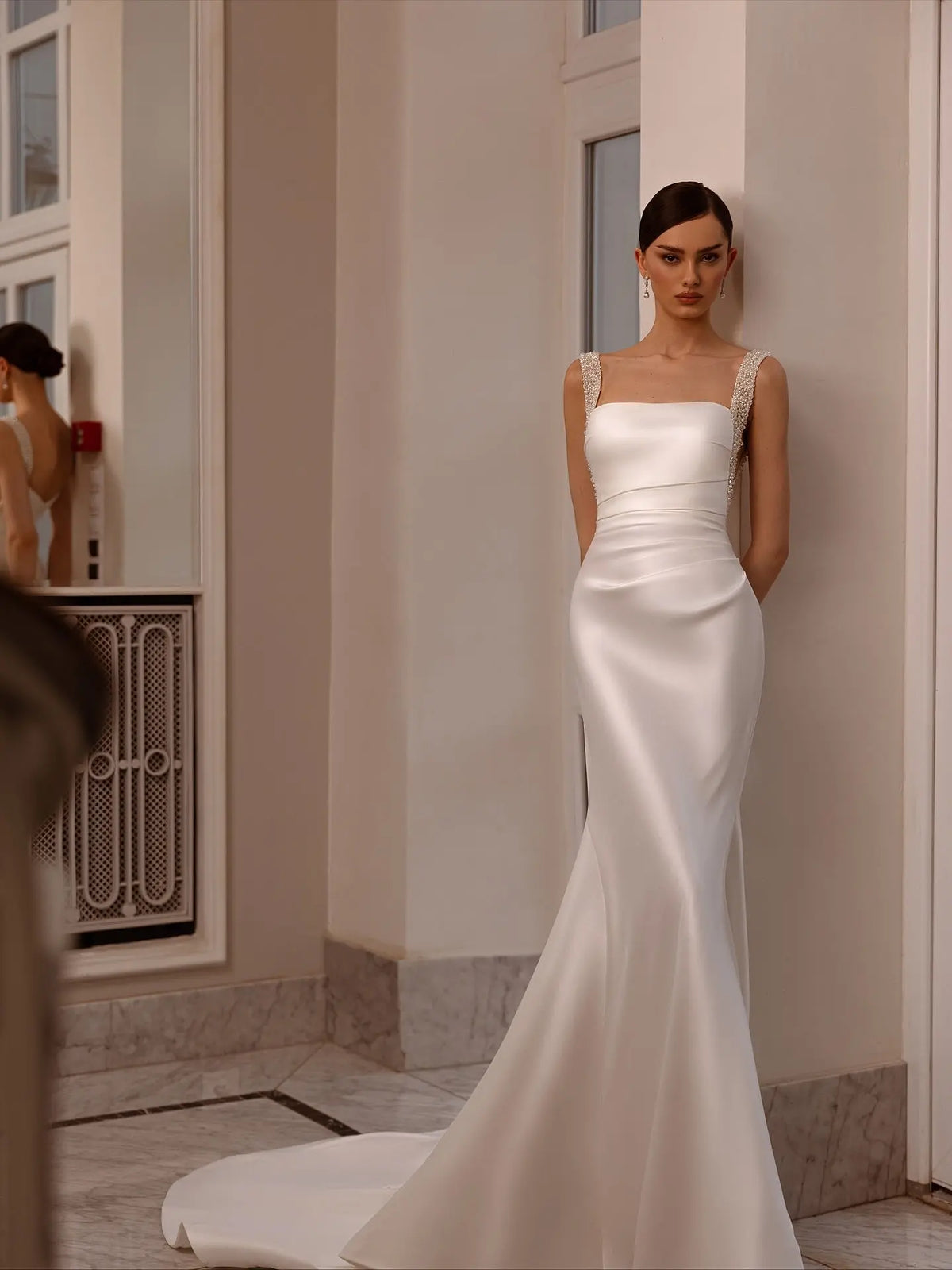 Luxury Satin Beaded Overlay Mermaid Train Wedding Dress SW174 