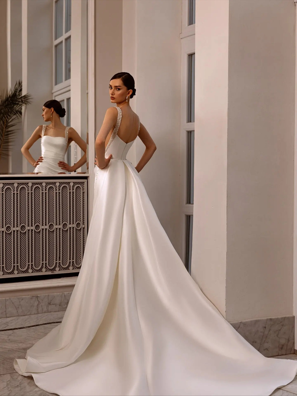 Luxury Satin Beaded Overlay Mermaid Train Wedding Dress SW174 