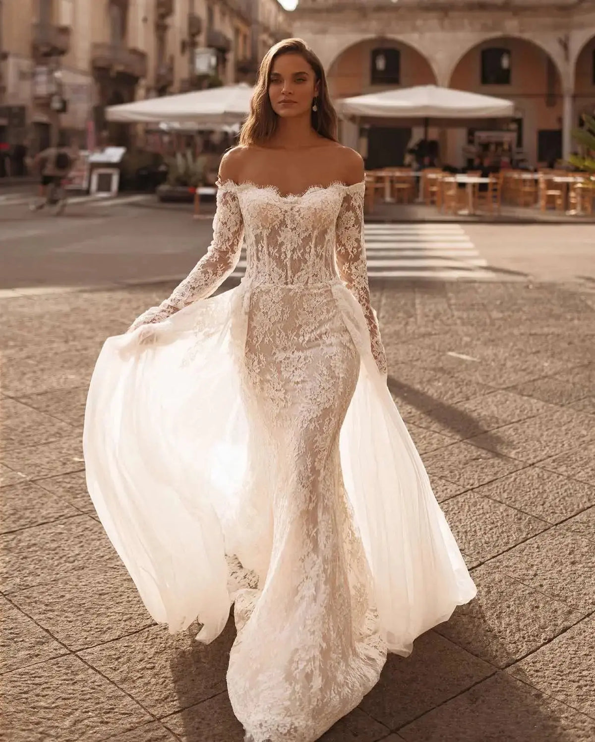 Romantic Off-the-Shoulder Lace Mermaid Wedding Dress with Tulle Overlay SW172 Romantic Off-the-Shoulder Lace Mermaid Wedding Dress with Tulle Overlay SW172