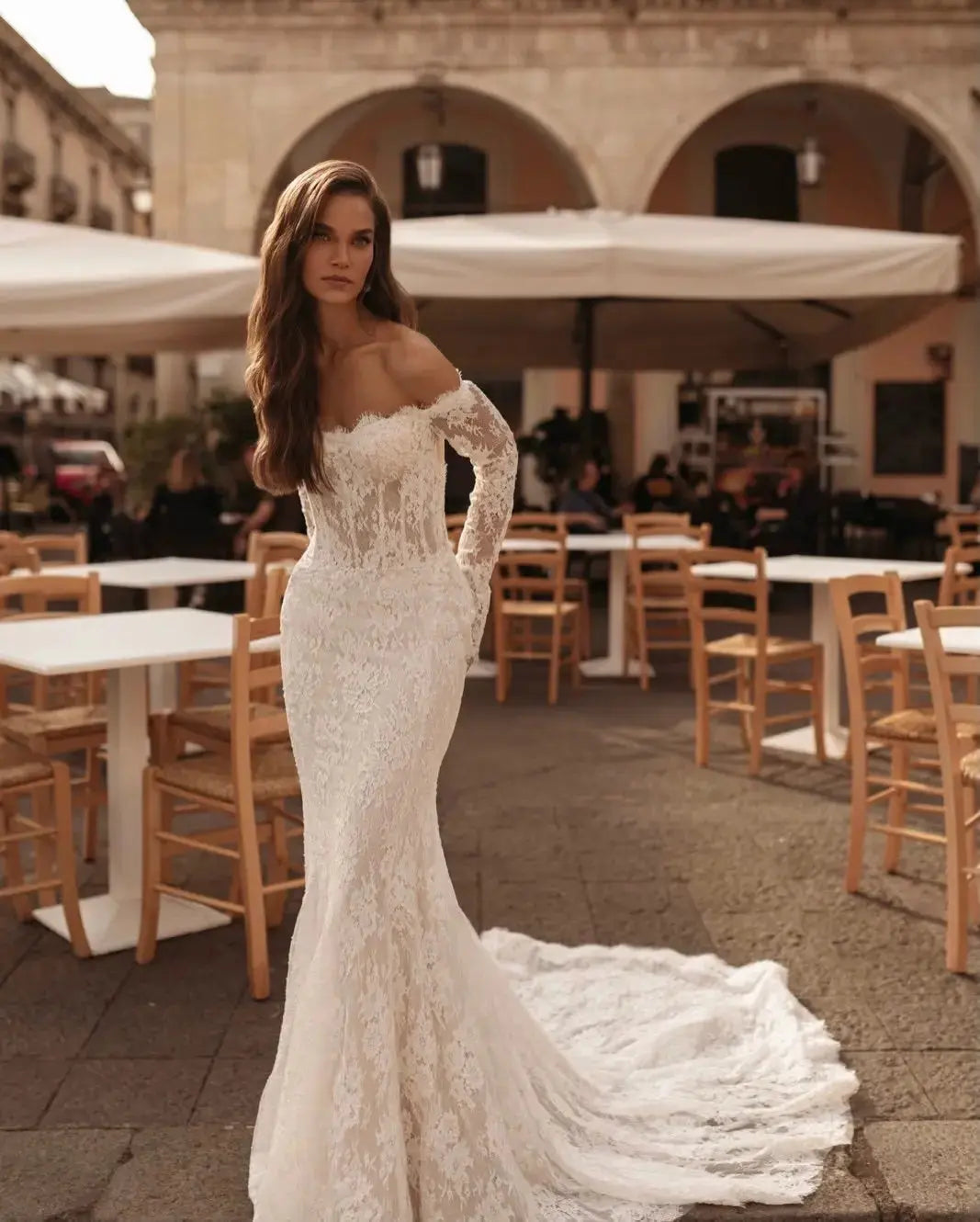 Romantic Off-the-Shoulder Lace Mermaid Wedding Dress with Tulle Overlay SW172