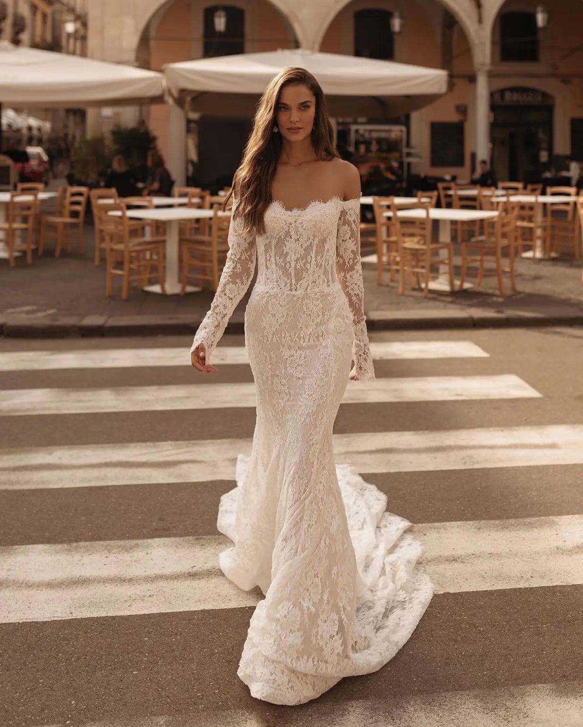Romantic Ivory Off-the-Shoulder Lace Mermaid Wedding Dress with Tulle Overlay SW172