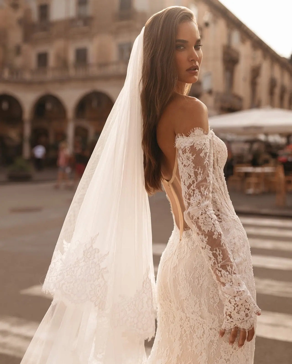 Romantic Off-the-Shoulder Lace Mermaid Wedding Dress with Tulle Overlay SW172 