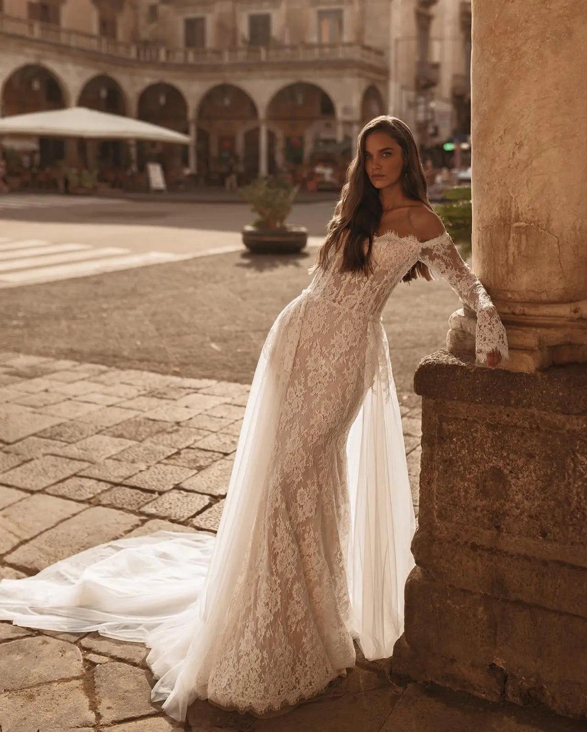 Romantic Off-the-Shoulder Lace Mermaid Wedding Dress with Tulle Overlay SW172 