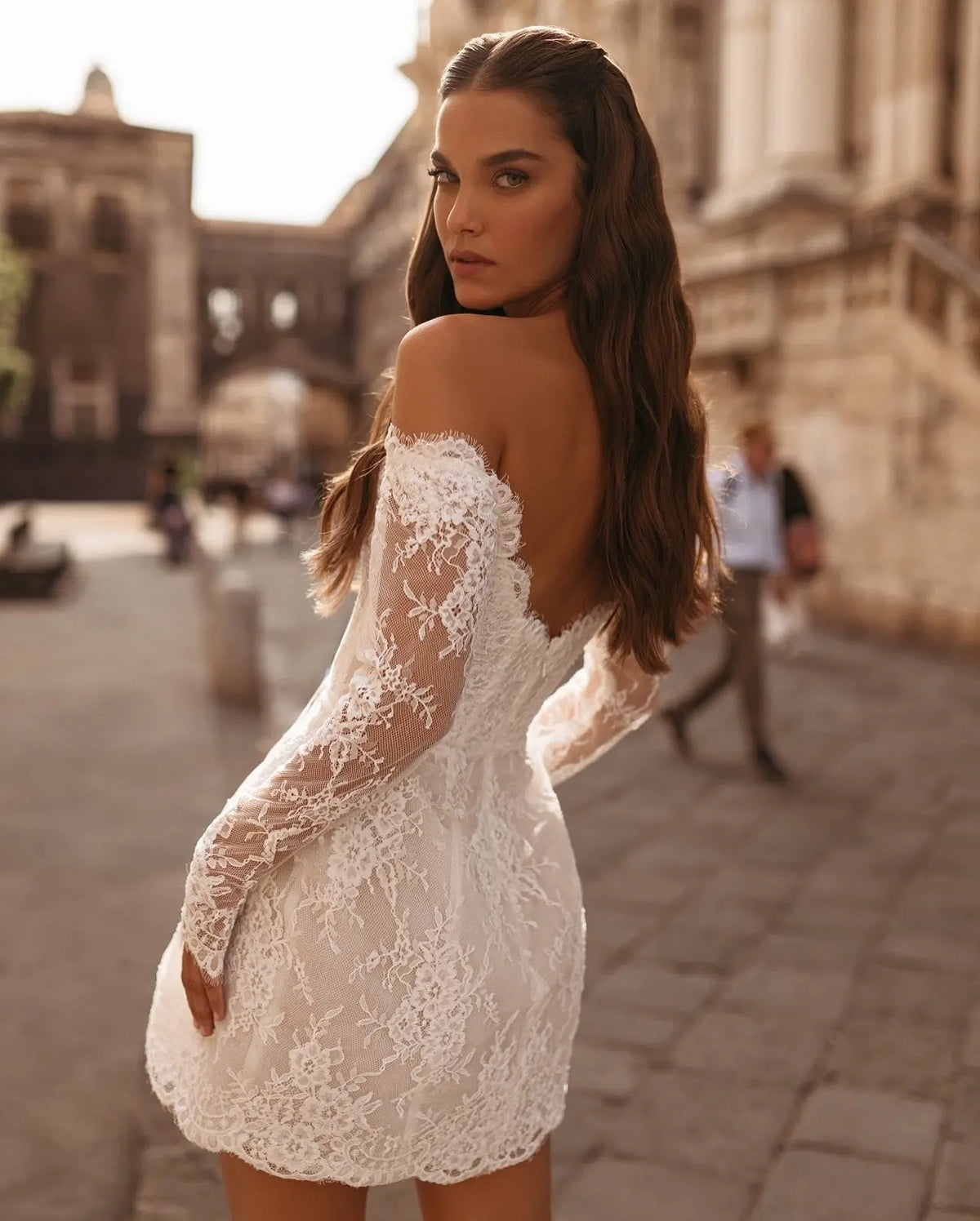 Luxury Off-the-Shoulder Long Sleeve Lace Mini Wedding Dress SW170 
