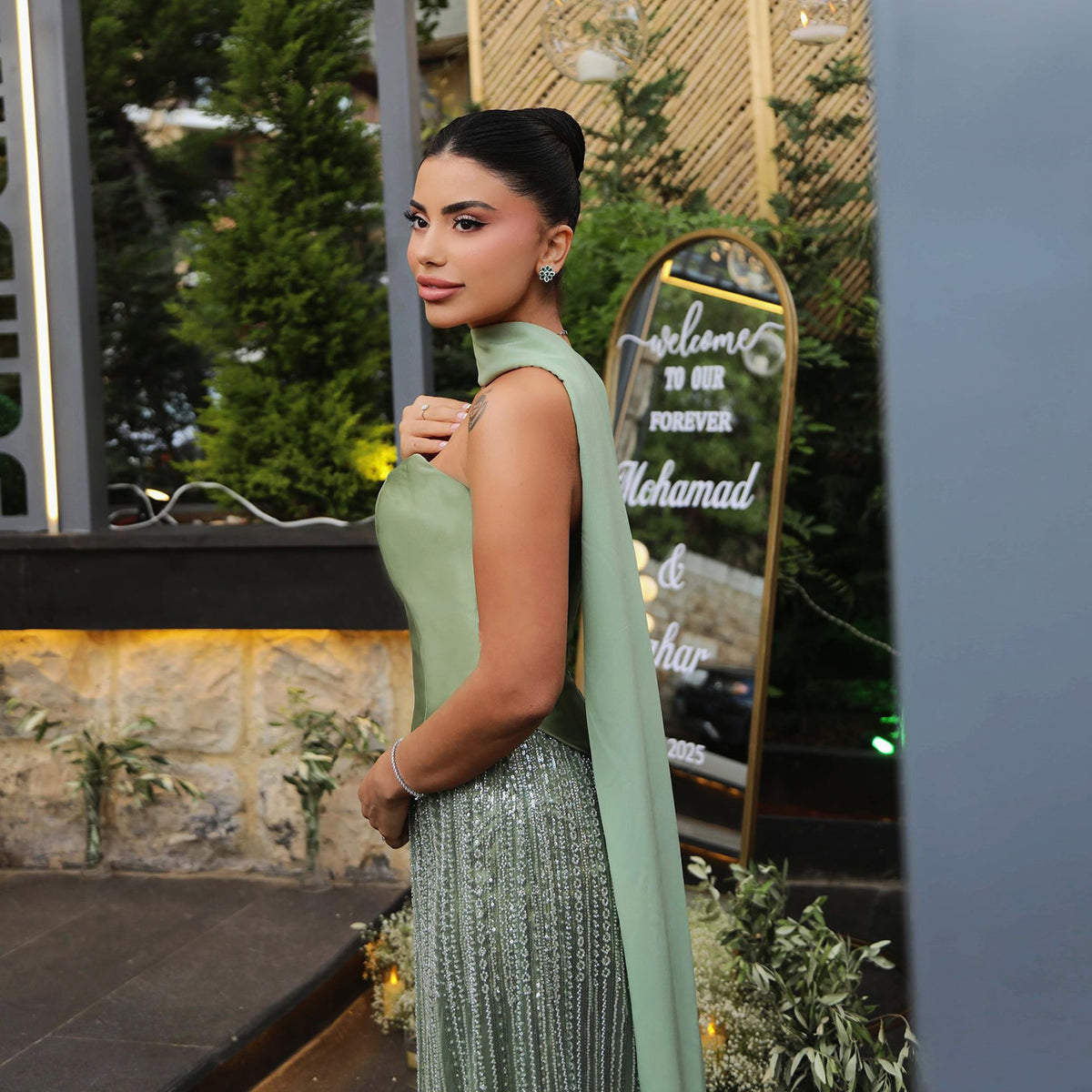 Luxury Off Shoulder Cape Sleeve Evening Dress with Scarf SS639 