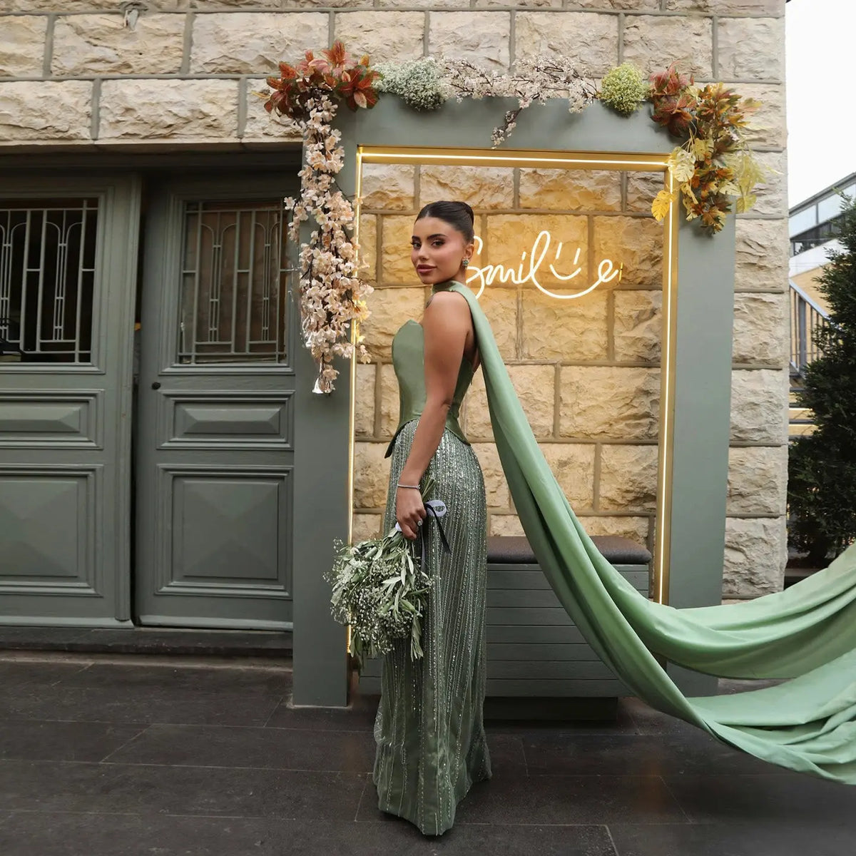 Luxury Sage Green With Scarf ALine Evening Dress SS639 Sage Green / 12 Luxury Sage Green With Scarf ALine Evening Dress SS639 Sage Green / 12