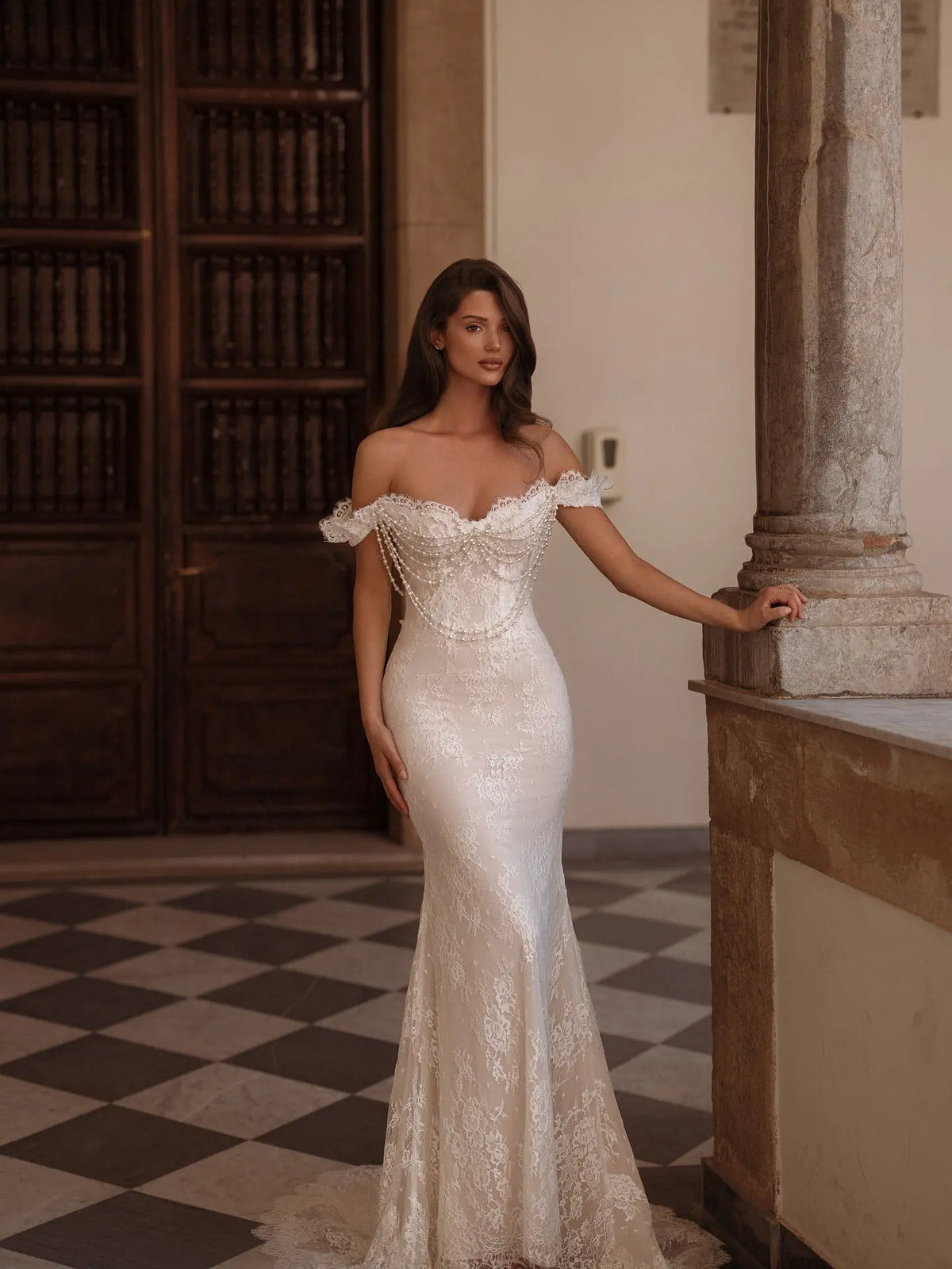 Opulent Off-the-Shoulder Beaded Lace Tulle Ball Gown Wedding Dress SW177 