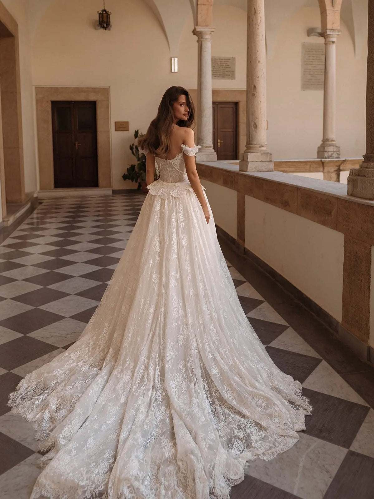 Opulent Off-the-Shoulder Beaded Lace Tulle Ball Gown Wedding Dress SW177 